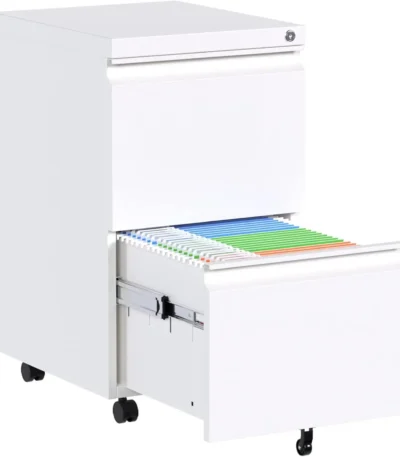 Aobabo 2-Drawer White Metal Office File Cabinet Fully Assembled 25.6''H Legal Letter A4 Size Desk Steel Mobile Lock Wheels