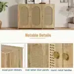 Vintage 3-Door Sideboard Faux Rattan Doors Metal Handles Large Storage Antique for Living Room Hallway Decorative Cabinets
