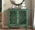 Vintage mango wood accent cabinet with symmetrical floral carved doors in rustic style