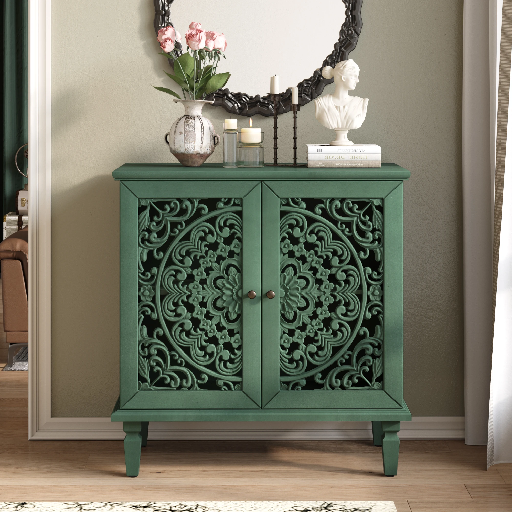 Vintage mango wood accent cabinet with symmetrical floral carved doors in rustic style