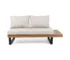 Beige cushioned outdoor sofa set with acacia wood frame and black metal legs on patio
