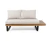 Beige cushioned outdoor sofa set with acacia wood frame and black metal legs on patio