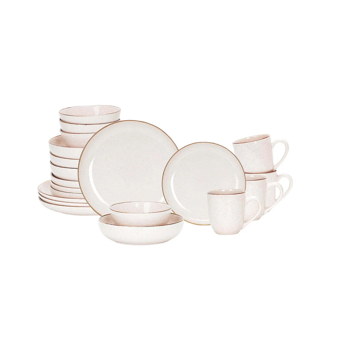 Elegant peach dinnerware set with plates and bowls on a wooden table