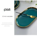 Green With Gold Inlay Quality Plates Full Set Luxury Steak Food Tray Ceramic Dinner Dish Salad Bowl Spoon Porcelain
