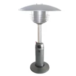 Goldoma HMS 11000 BTU silver steel propane patio heater on a tabletop, with blue flame visible through glass tube.