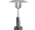 Silver steel propane patio heater on a garden table with soft glow