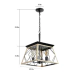 Oak and metal 4-light chandelier illuminating a cozy living area, with visible cord and ceiling mount.
