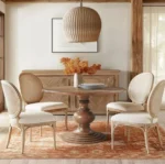 Modern 46 round walnut pedestal dining table by Goldoma, perfect for small dining rooms