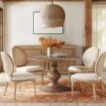 Modern 46 round walnut pedestal dining table by Goldoma, perfect for small dining rooms