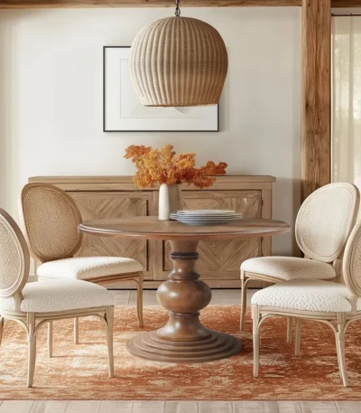 Modern 46 round walnut pedestal dining table by Goldoma, perfect for small dining rooms