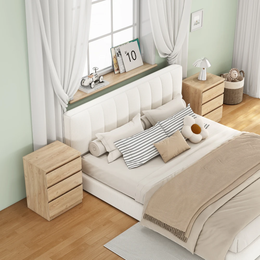 Natural Nightstand 3 Drawers Set of 2 – Handle-Free Design Thickened Top Plate