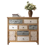 Vintage Wooden Accent Chest 7 Drawers 2 Cabinets - Rustic Multicolor Carved Storage Dresser – styled in a modern Living
