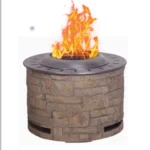 Goldoma smokeless fire pit with stackstone look burning wood pellets at a campsite