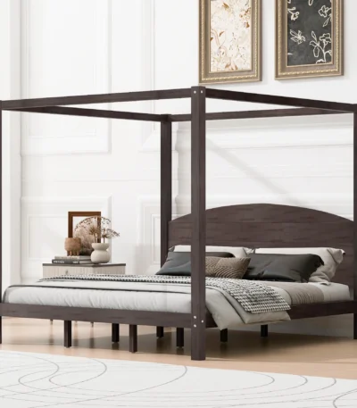 Goldoma modern king size canopy platform bed made of solid wood and plywood with adjustable headboard support legs in a stylish bedroom setting