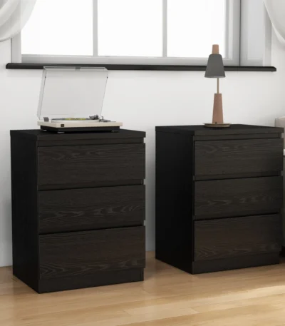 Black nightstand with 3 drawers set of 2 - handle-free design, thickened top plate, small side table for bedroom storage