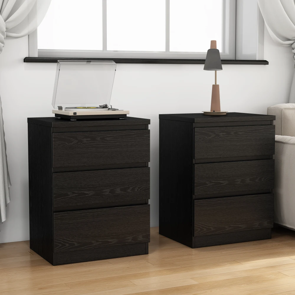 Hfb964525e3364dba97ff8561f2c2f11f9.webp Black nightstand with 3 drawers set of 2 - handle-free design, thickened top plate, small side table for bedroom storage