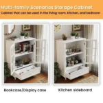 Modern Minimalist White Wooden Sideboard Cabinet with Double Glass Doors Drawer for Living Room Dining Room Hallway Entryway
