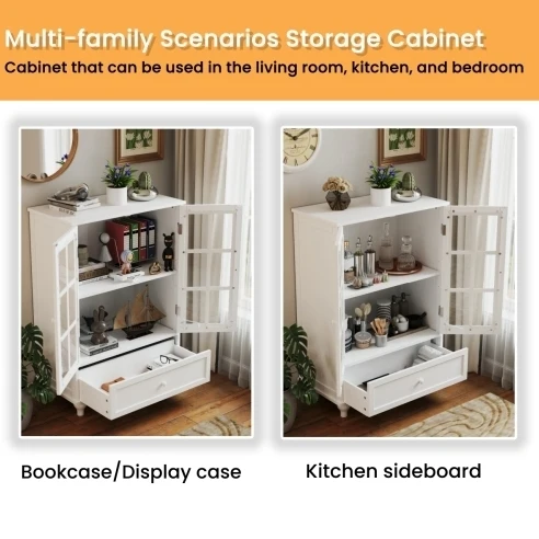 Modern Minimalist White Wooden Sideboard Cabinet with Double Glass Doors Drawer for Living Room Dining Room Hallway Entryway FCJ