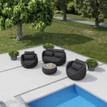 Modern outdoor sofa set with cushions on a garden patio