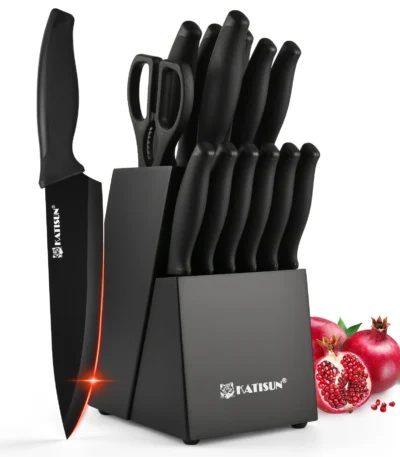 15-Piece Color Coded Kitchen Knife Set High Carbon Chef Knife Ergonomic Black Anti-Slip TPR Soft Handle and Inner Sharpener