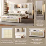 Goldoma twin storage bed with two lockers, drawer, and headboard shelf in natural rattan white finish