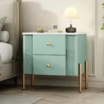 Modern wooden bedside table with two drawers in a bedroom setting - Goldoma nightstand