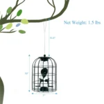 Wild bird feeder filled with seeds, with a chickadee perched on one of the feeding ports.