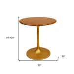 Brown and gold round pedestal small space dining table with solid wood top and iron base
