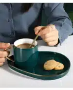 Ceramic Cup Dish Set Nordic Green Water Ware Coffee Cup Rectangular Tray Small Spoon Gift Box Home Bar Decoration Tea Cup
