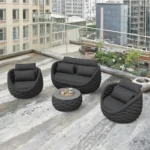 Modern outdoor sofa set with cushions on a garden patio