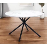 Round glass top dining table with white and black steel base and lazy Susan