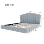 Goldoma queen bed frame with velvet upholstered shell-shaped headboard in light blue