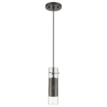 HMS Modern Simple hanging light with glass shade and bronze mesh, brass finish, warm white 3000K light, over a wooden