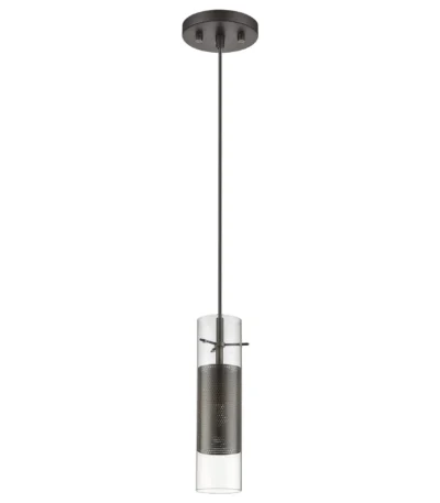 HMS Modern Simple hanging light with glass shade and bronze mesh, brass finish, warm white 3000K light, over a wooden
