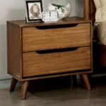 Mid Century Modern Oak Nightstand 2 Drawer Solid Wood with Round Tapered Legs