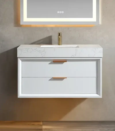 36 Inch White Beveled Edge Floating Bathroom Vanity Solid Wood LED Mirror Single Sink US Stock Homein