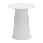White aluminum outdoor side table with foldable legs and rounded granite finish placed on a patio