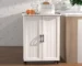 Kitchen island storage cart with barn door and shelves in a modern kitchen