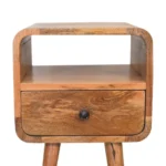 Solid oak mini nightstand with drawer and open shelf in brown finish, perfect for small bedrooms