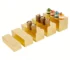 Set of 5 gold acrylic risers in various heights for cake and dessert display