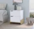 White nightstand with drawers in bedroom setting with macadamia wood top
