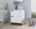 White nightstand with drawers in bedroom setting with macadamia wood top