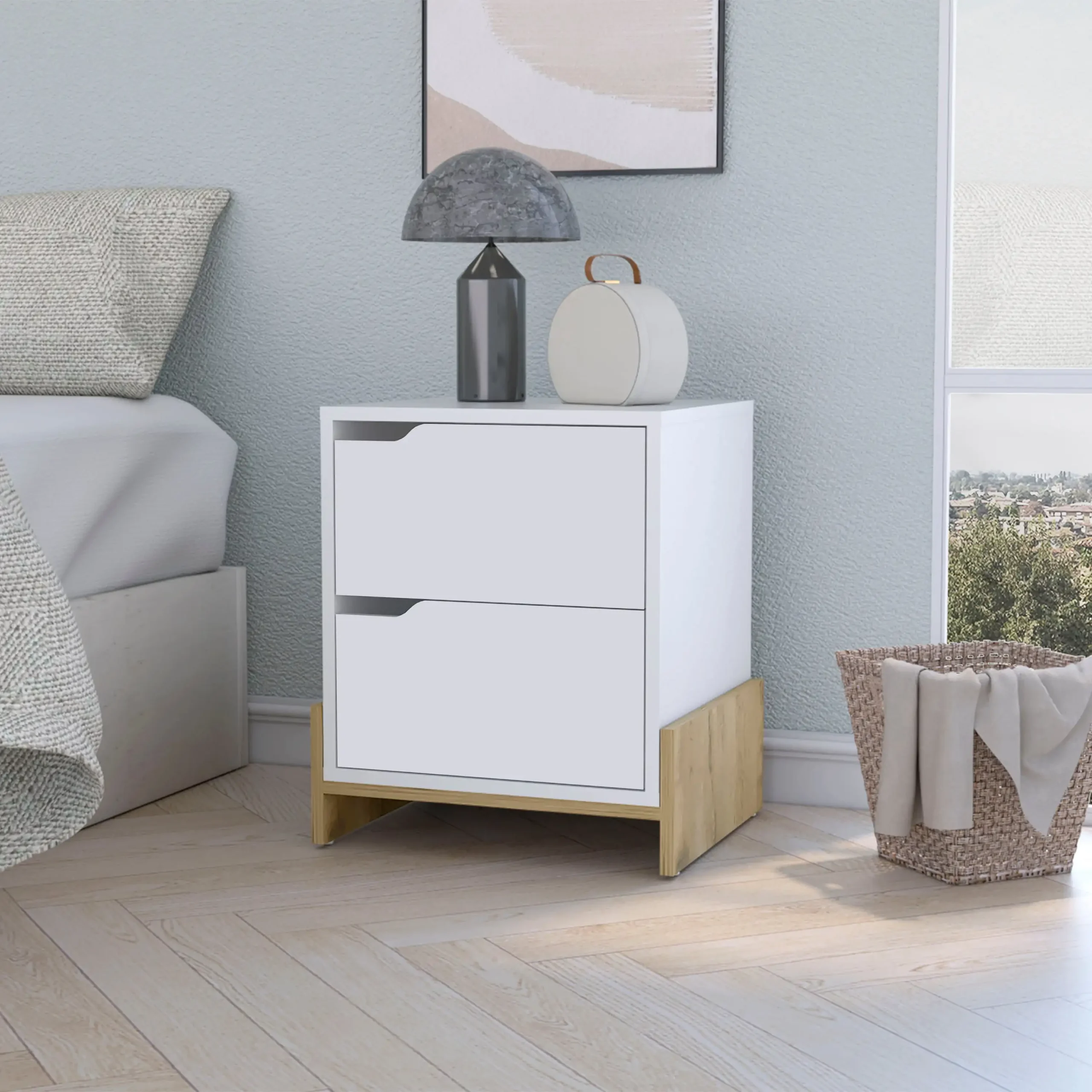 Hfd94851e9c1143ec832356dbdb99e247C.webp Ralston 2 drawer nightstand in white and macadamia wood modern bedroom storage