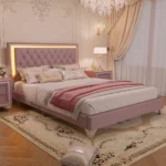 Goldoma queen platform bed with LED lights and tufted PU leather headboard in modern style