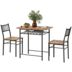 Rustic brown dining table set with two chairs and a storage shelf underneath in a modern industrial style