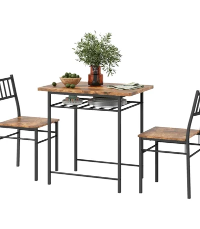 Rustic brown dining table set with two chairs and a storage shelf underneath in a modern industrial style