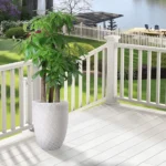 Large white ceramic planter pot with a broad rim, placed on a patio with potted plants around.
