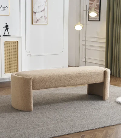 Goldoma long ottoman bench in light camel upholstery, modern floor mount design for bedroom or living room
