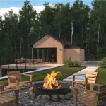 Outdoor fire pit with galvanized steel ring and burning wood