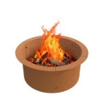 Portable camping fire pit with glowing flames in an outdoor setting